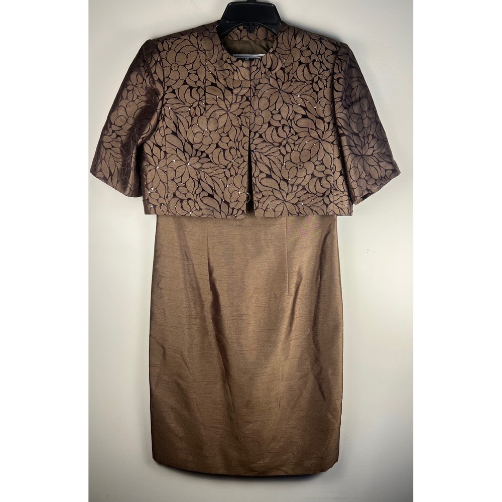 Jessica Howard Petite Brown Beaded Floral Bolero Jacket Dress Set‎ Size 6P